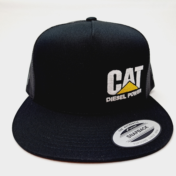 Caterpillar Cat Flat Bill Trucker Mesh Snapback Cap Hat Black Embroidered - Picture 2 of 4
